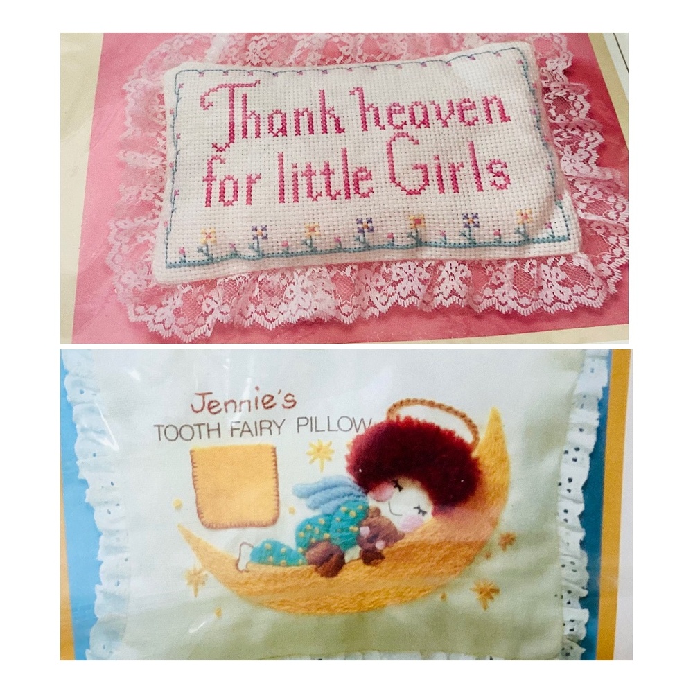 Lot of 2 Creative Circle Vintage Embroidery Kits Tooth Fairy Pillow Thank Heaven
